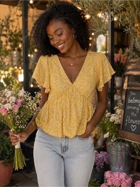 URBAN Romantics Yellow Floral V-Neck Short Sleeve Blouse